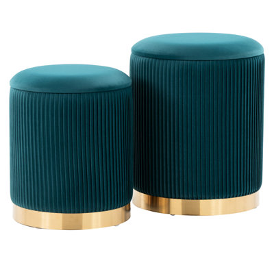 Gold Metal Base Peacock Teal Velvet Nesting Pleated Ottomans, Fashionable Design, Removable Lid, Two Indoor Use, 250 Lbs Each, 14 In Product Dimensions Two Of With Metal, Fitting, Use Only, Weight