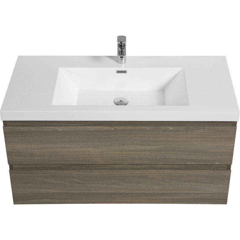Meuble-lavabo flottant avec lavabo, meuble-lavabo mural moderne avec lavabo en résine et tiroirs à fermeture douce, gris cendré