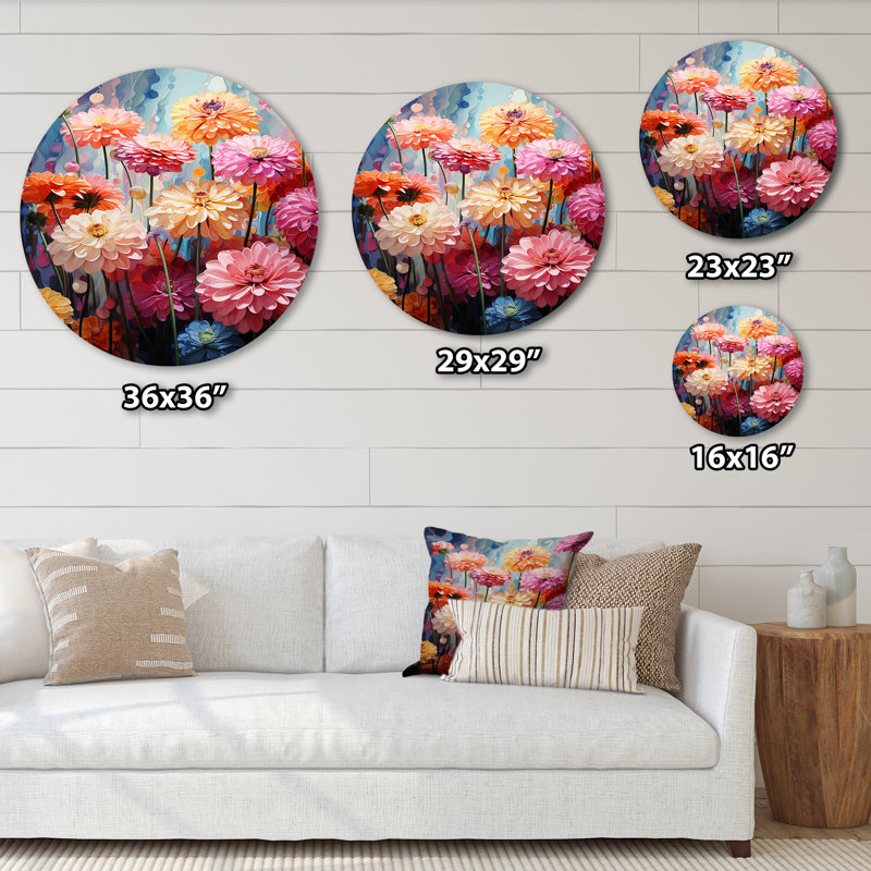 Champ de zinnias à ton doux - Art floral rond en métal, H 29 po x l 29 po