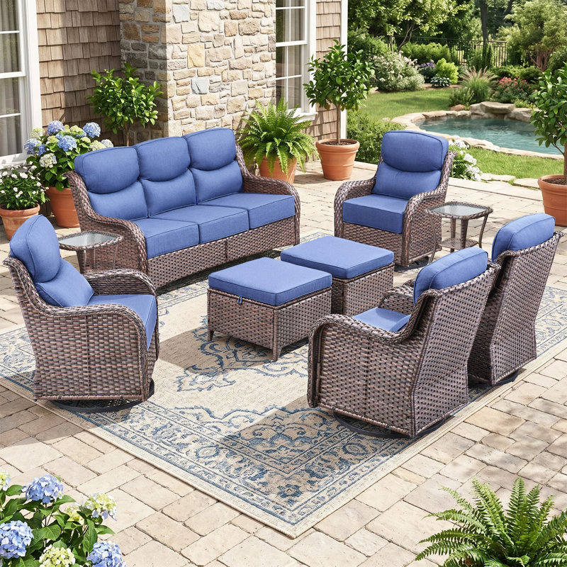 Ensemble de conversation extérieur en résine tressée 9 pièces avec coussins de 15 cm et poufs, Bleu, Brun