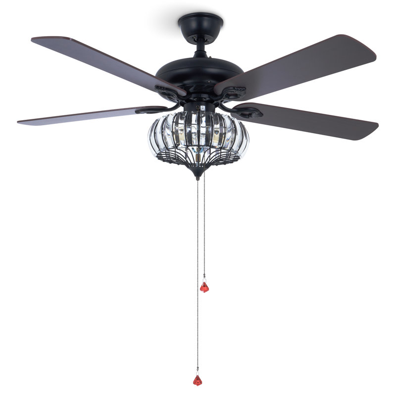 52" Crystal Ceiling Fans With Lights Remote, Black Farmhouse Chandelier Ceiling Fan Light Kit, Modern Rustic Fandeliers With 5 Wood Reversible Blades For Decorate Living Room Bedroom