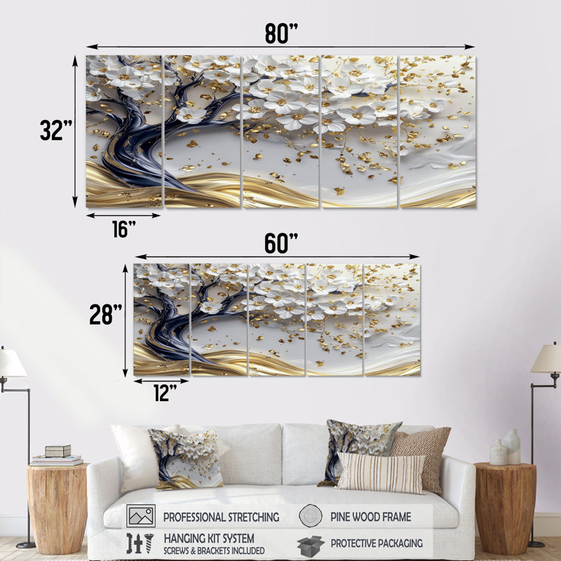«White and Blue Cherry Blossom Garden of Branches II», ensemble d'art mural sur toile Cherry Blossom, H 28 po x l 60 po