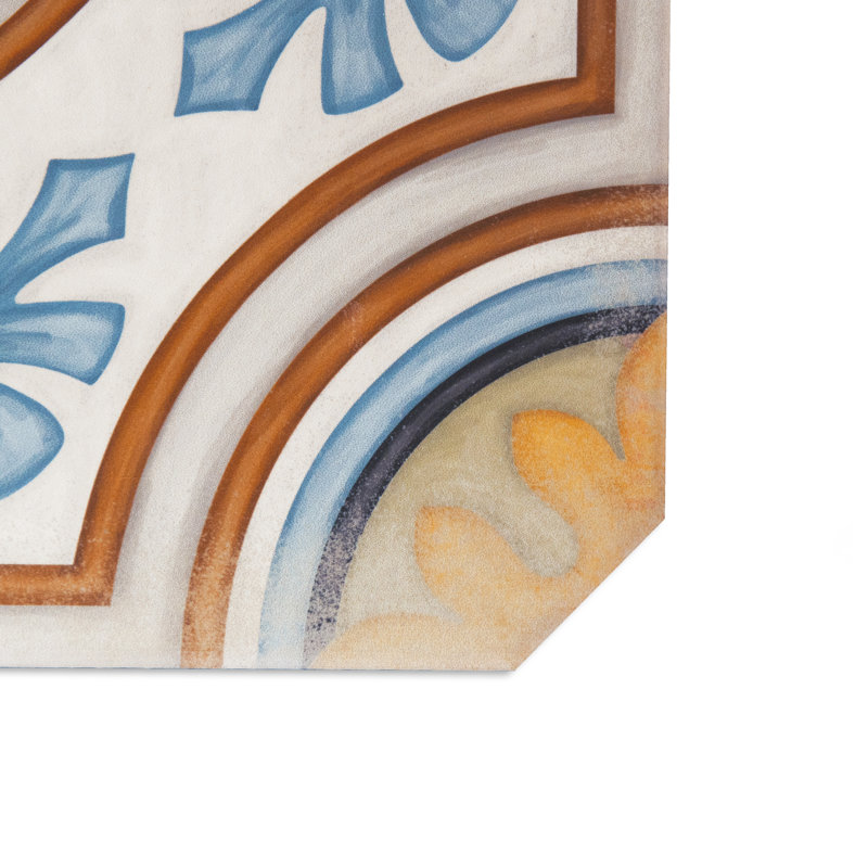 Vaudeville Octagon Deco Diglas W/Taco 7-7/8 In. X 7-7/8 In. Porcelain Floor And Wall Tile, Yellow/Blue/Brown/Gray