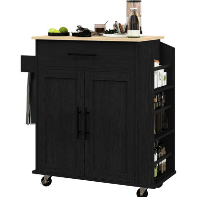 Rolling Kitchen Island With Ac Outlets And , Storage, Microwave Stand Towel & Spice Rack, Black Storage Ports, Cart,