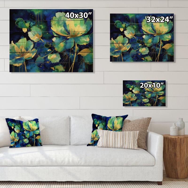 Étang de lotus vert bleu sur bois, H 10 po x l 20 po x P 0,78 po