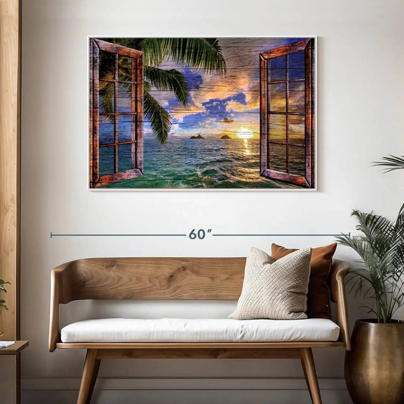 Vue de fenêtre en bois tropical, 46 po x 31 po, Cadre flottant blanc