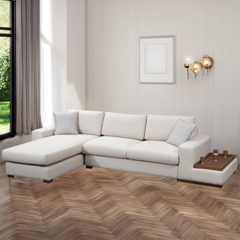 Élégant canapé d'angle avec structure en bois de hêtre, l 10,3 pi x l 6,4 pi x H 2,8 pi | Tissu 100% polyester, nettoyage à sec | Coussins confortables en mousse et en plumes grises épaisses de 18,1 po | Comprend 2 coussins portables, des pieds en noyer et un design scandinave