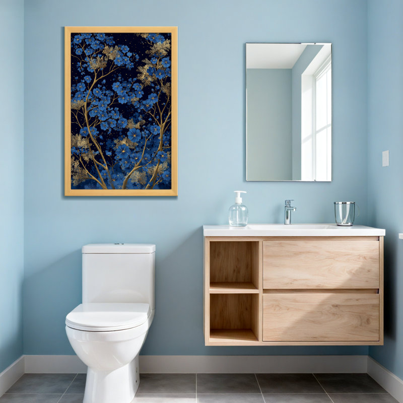 Plantes et fleurs avec fleurs bleues et branches dorées sur fond foncé, Toile tendue, Ne s’applique pas, H 24 po x l 16 po