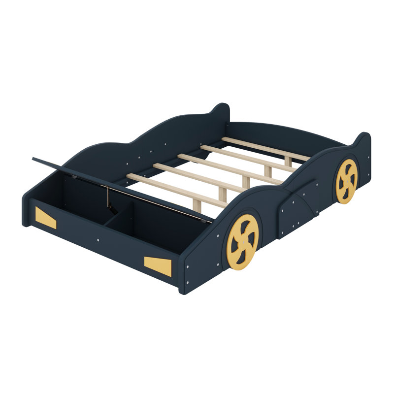 Lit plateforme de voiture de course en bois massif avec garde-corps, espace de rangement et roues, Lit double