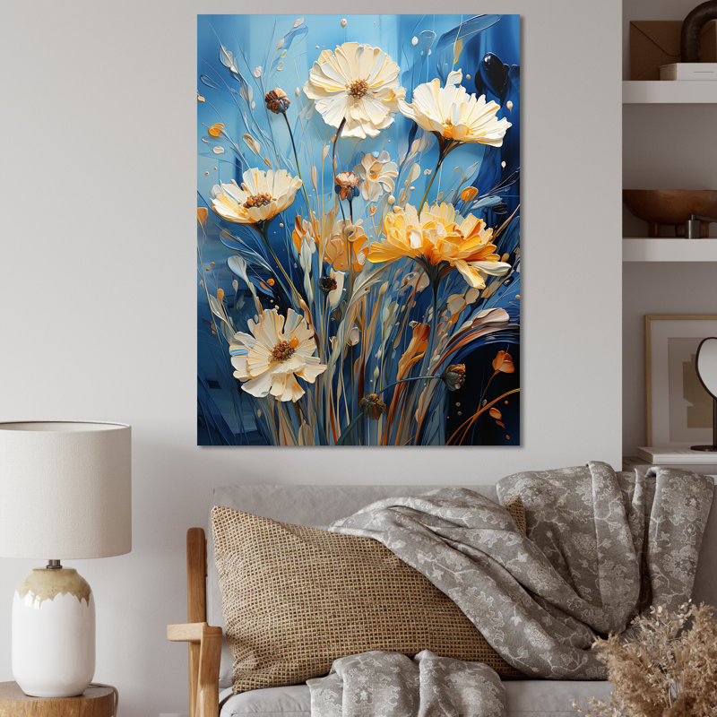 «White Calm Cornflowers Meadows I» - Art mural bleuets, H 44 po x l 34 po x P 1,5 po, Toile tendue
