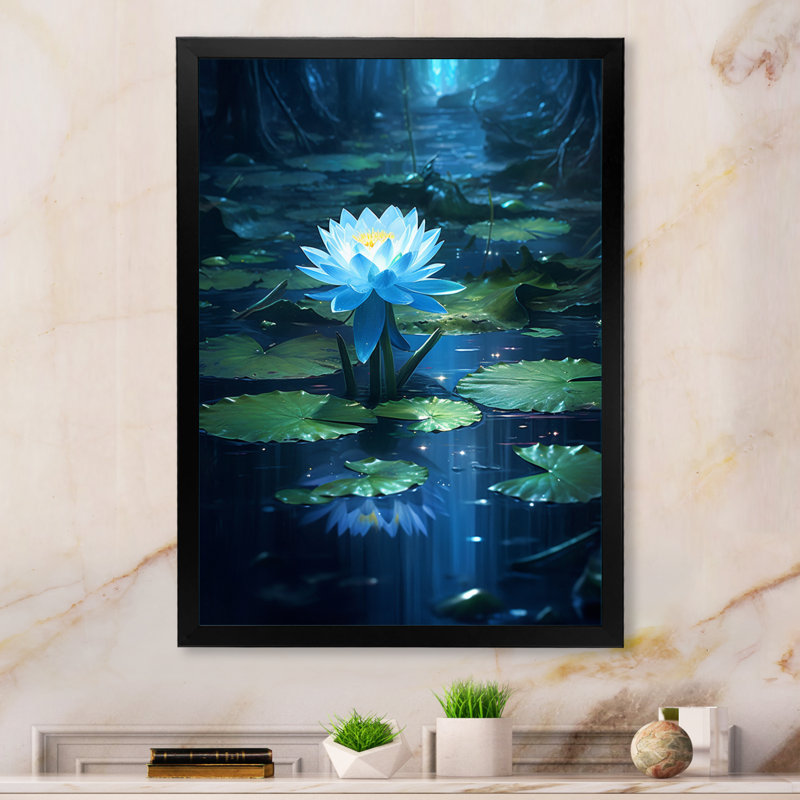 «Blossoming Blue Lotus In Full Moon Pond», reproduction sur toile, H 44 po x l 34 po x P 1,5 po, Cadre simple noir