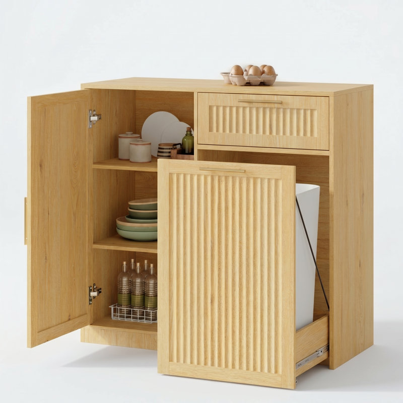 Armoire à déchets coulissante 13 gallons avec tablette et tiroir réglables, 13 Gallons, Natural Oak