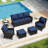 5-Person Patio PE Wicker Furniture Set with Side Table, 3-Seat Sofa, 2 Armchairs and 2 Ottomans with Blue Cushions-288161095