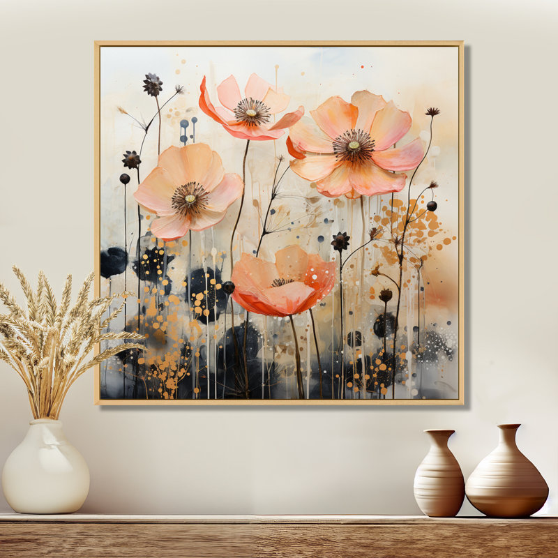 «Peach Blossoming Abstractions I», art mural abstrait sur toile, H 16 po x l 16 po x P 1 po, Cadre flottant érable