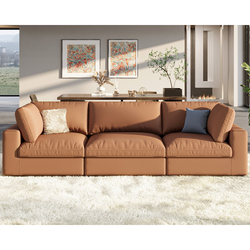 Modular Sectional Sofa, 152 Inches Down Filled Sectional Sofa, U Shaped Cloud Couch With Chaise, Ottoman, Oversized Couch For Living Room, Brown Anti-Scratch Leathaire Couch Set
