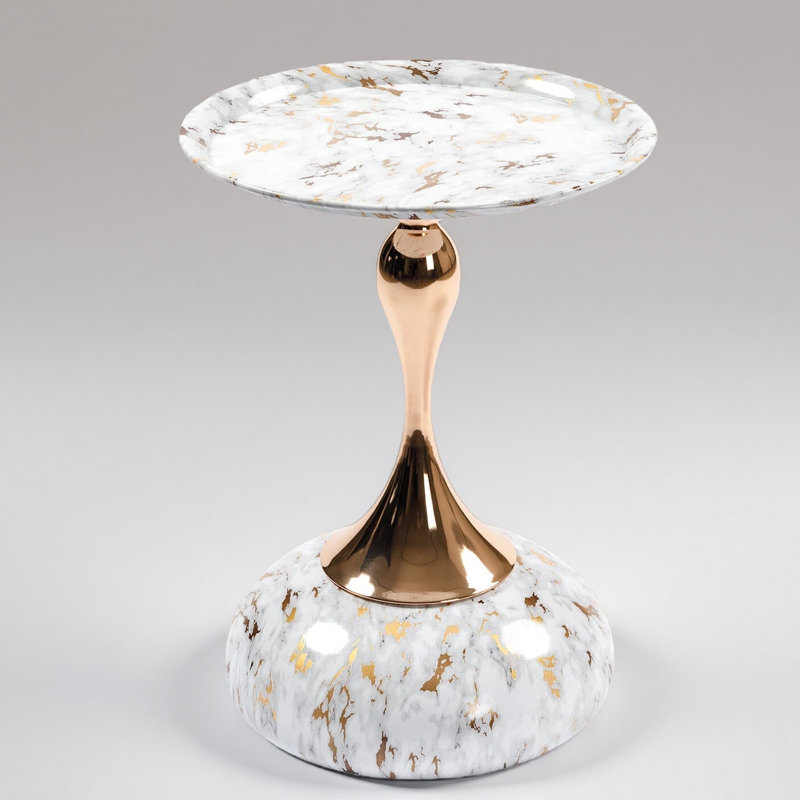 Modern Metal Round Tray Side Table With Pedestal Base, White Gold Marble 