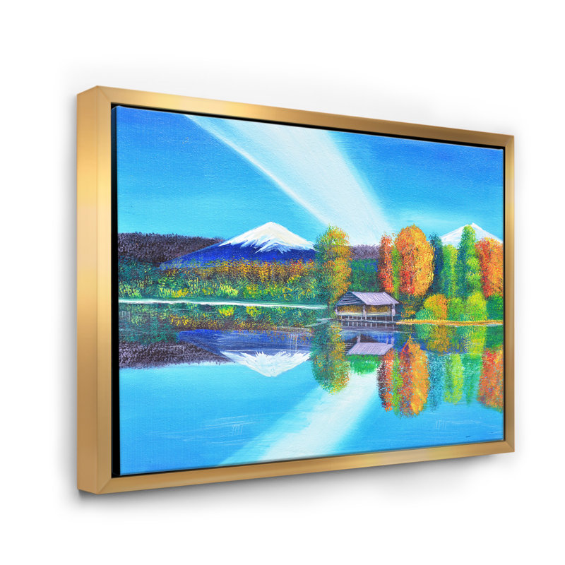 Reflet de la montagne et du ciel sur le lac - peinture sur toile, H 24 po x l 32 po x P 1 po, Cadre flottant doré