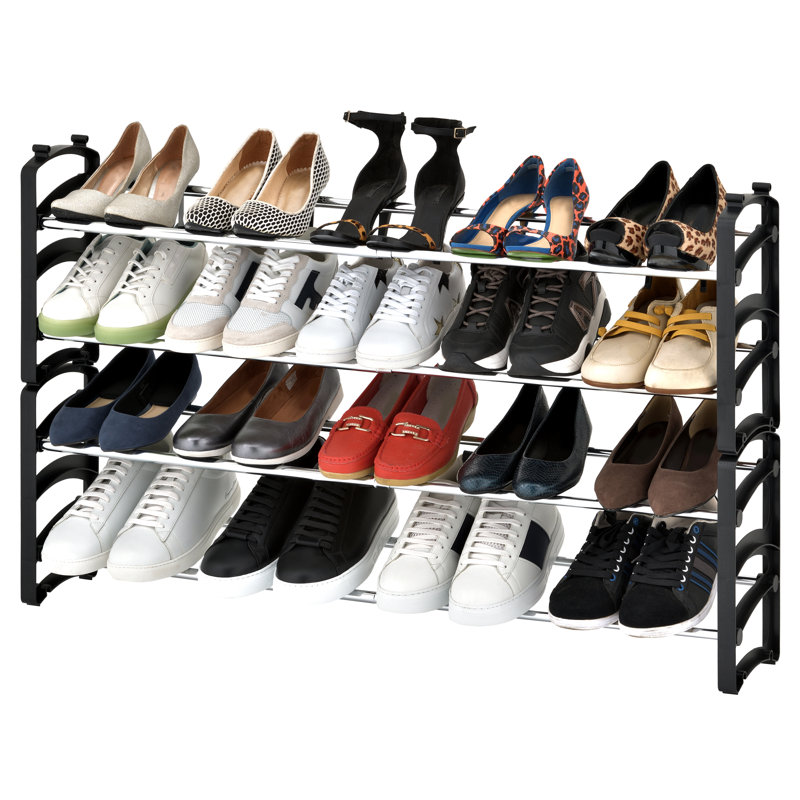 Black and Silver 4-Tier Expandable Stackable Shoe Rack