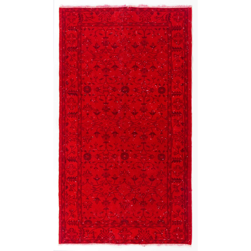 Tapis turc contemporain fait à la main 4 x 7 pi avec motif floral surteint en rouge
