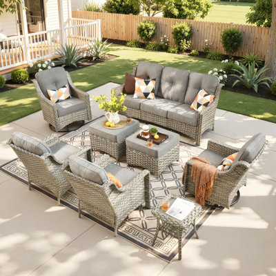 Tommy Outdoor Wicker 9 Person Seating Group With Cushions With Swivel Rocking Chairs And Side Table