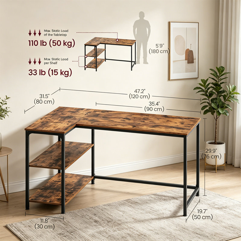 L-Shaped Metal Base Computer Desk, Rustic Brown
