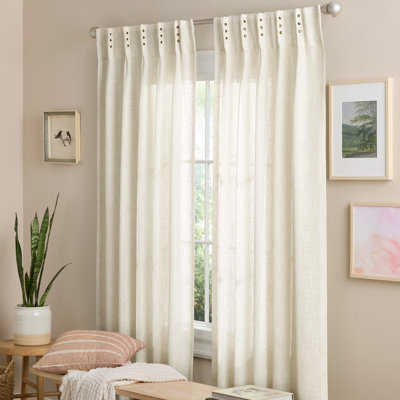 Sylva Brass Studded Tab Top Curtains Linen 30"W x 96"L, Set of 2