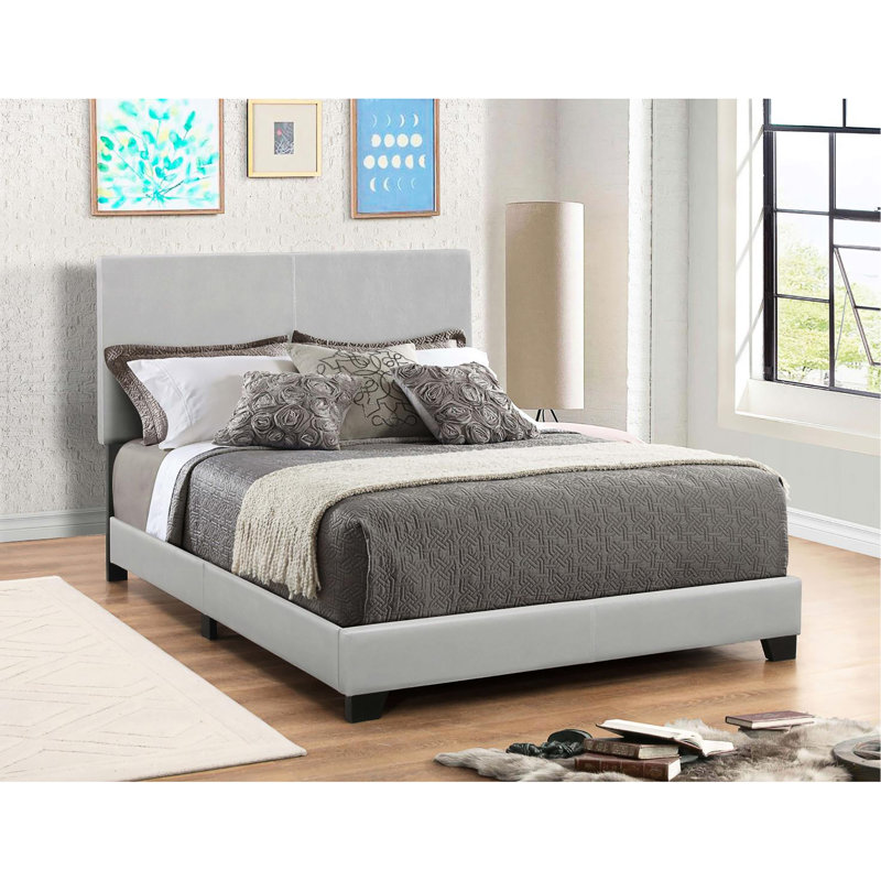 Cadre de lit contemporain gris avec revêtement en similicuir et pieds noirs pour sommier tapissier, Full, Grey