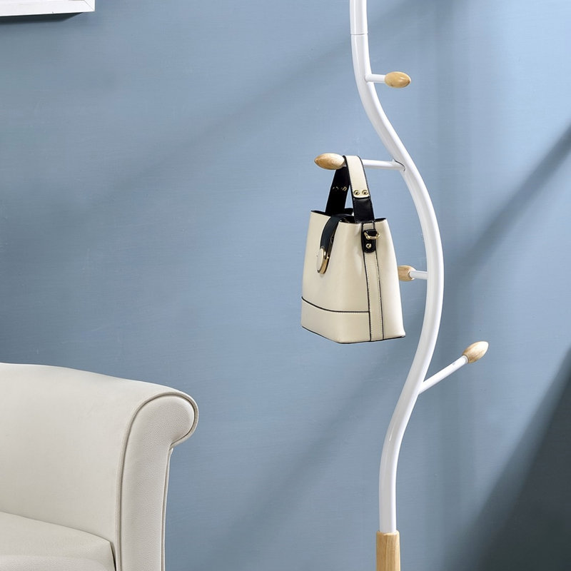 Arles Metal White And Oak Standing Coat Rack With 9 Hooks, Heavy Base For Stability, Perfect For Modern Entryways, White
