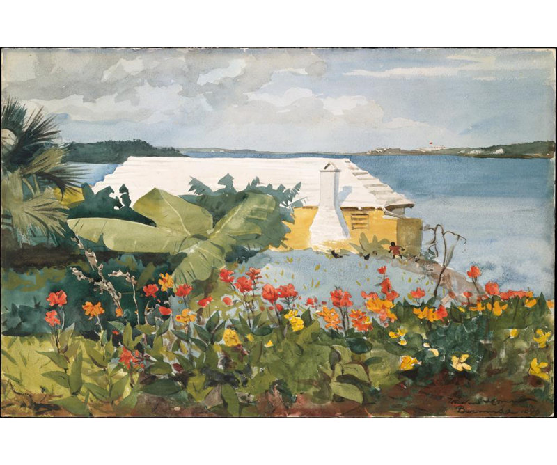«Flower Garden and Bungalow, Bermuda» par Winslow Homer - Art mural sur toile tendue avec châssis, H 48 po x l 33 po