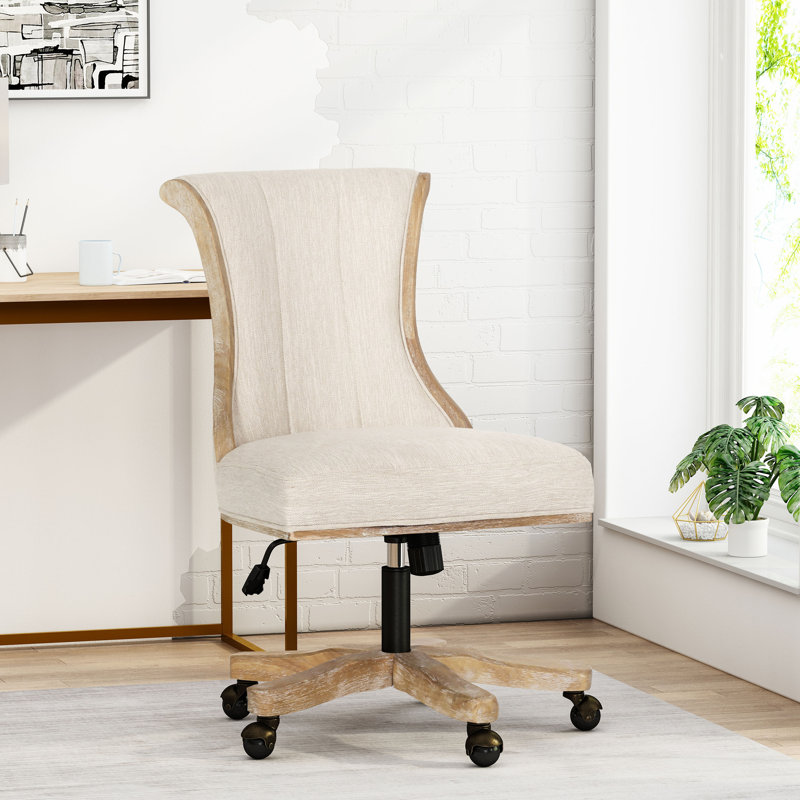 Chaise de bureau rembourrée pivotante avec hauteur réglable et structure en bois, beige naturel