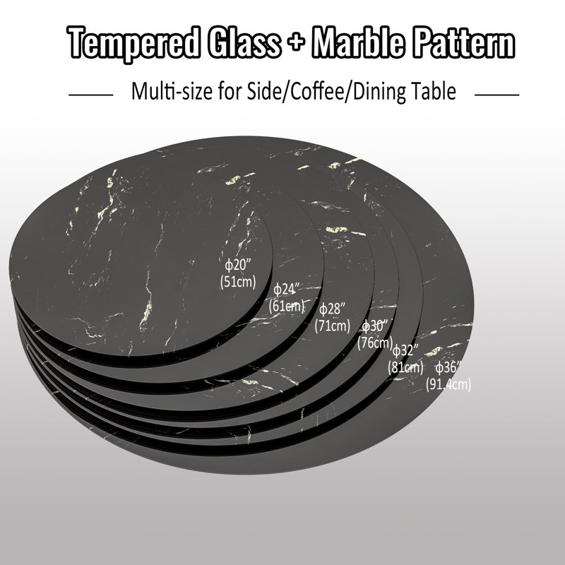 Plateau de table rond en verre trempé avec motif en marbre, H 0,31 po x l 36 po x P 36 po, Noir