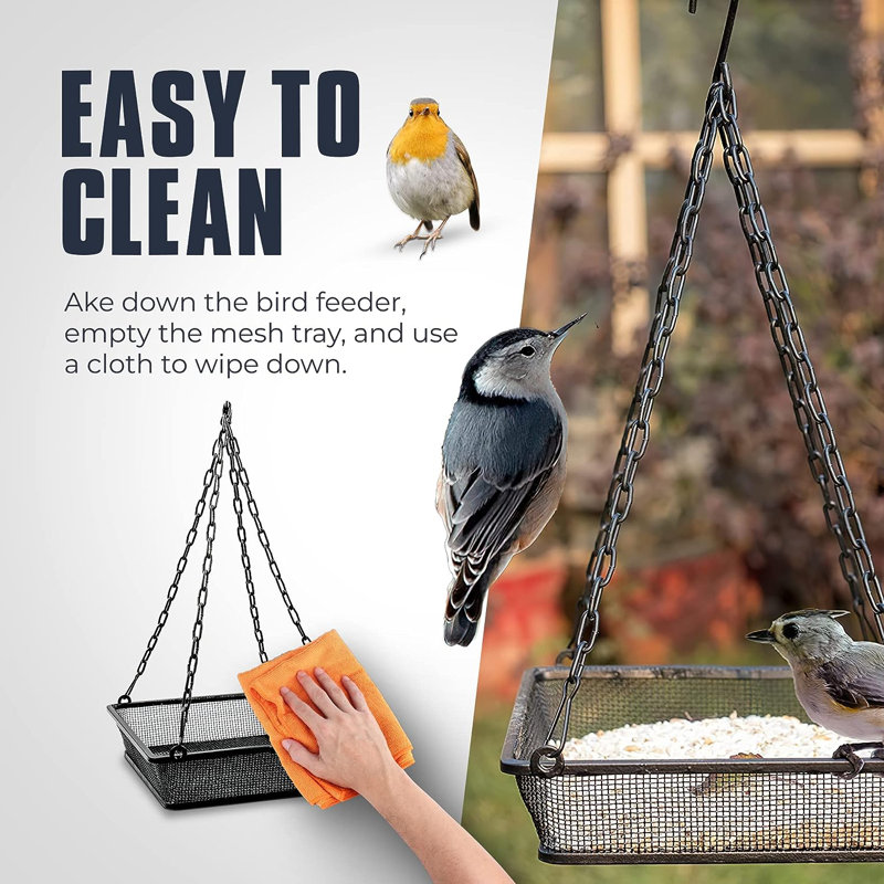 Hanging Metal Bird Feeder Iron Mesh Seed Tray Perch Outdoor Decor for Garden Backyard Patio and Deck, Black