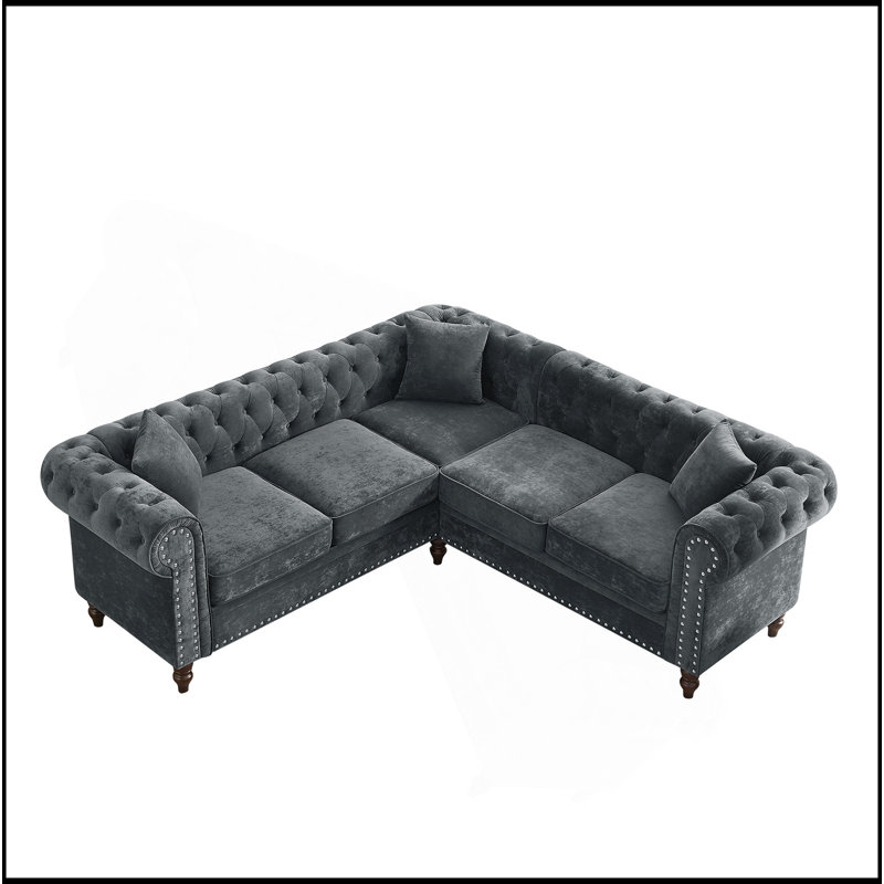 Canapé Chesterfield classique capitonné 80 po avec accoudoirs roulés capitonnés de 80 po de profondeur et 3 coussins inclus, pieds en bois massif de courge, velours gris