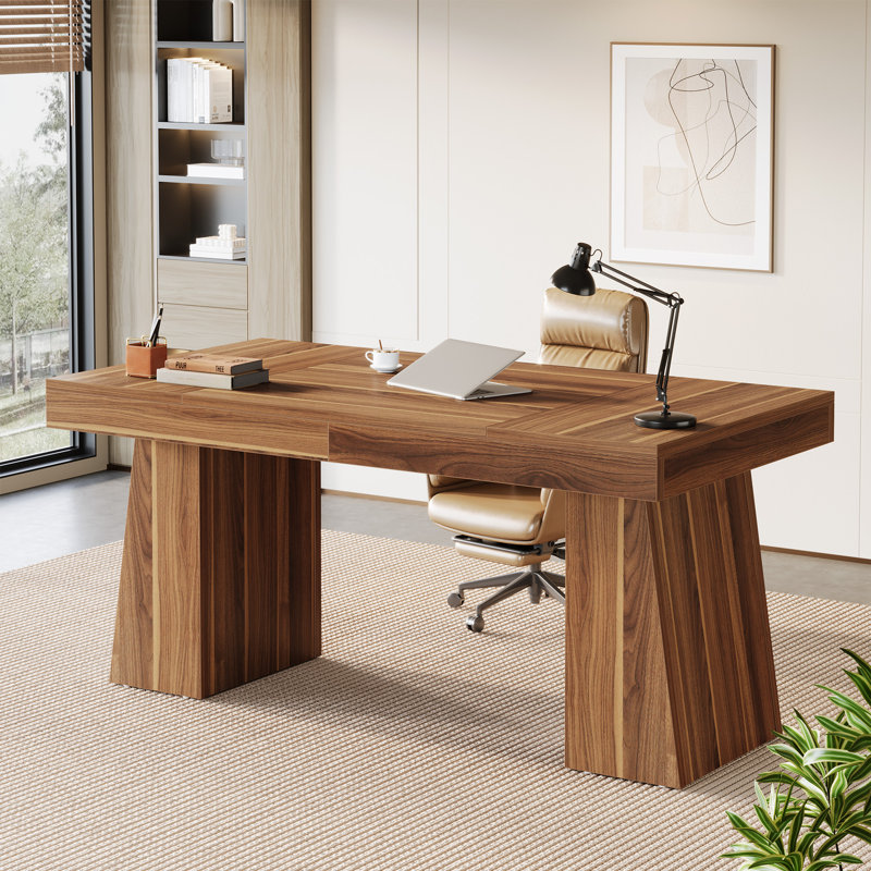 55" Modern Executive Desk, Wooden Office Computer Desk Conference Table with Double Pedestal for Home Office, Brown