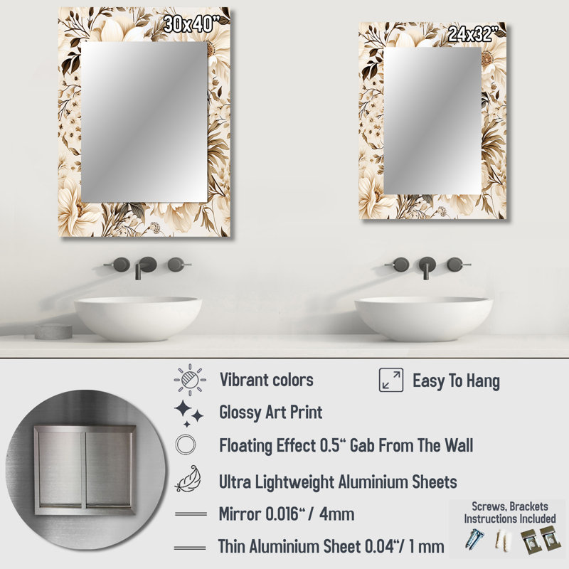 Cannette Vintage Florals - Plants Decorative Mirror, Botanical, Nature, Floral Wall Mirror, Printed Metal Art, 32" x 24"