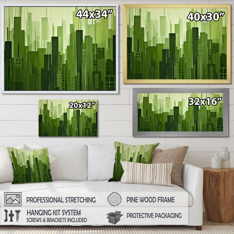 «Fern Facades Skyscraper Horizon», reproduction sur toile, Cadre flottant doré, H 16 po x l 32 po