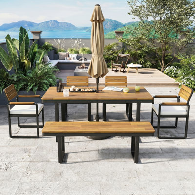  Ensemble de salle à manger 6 pièces en bois d'acacia massif avec structure en acier et chaises coussinées beige