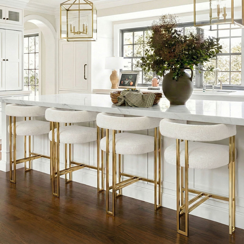 25" Upholstered Gold Chenille Arm Counter Stool (Set of 4), Ivory
