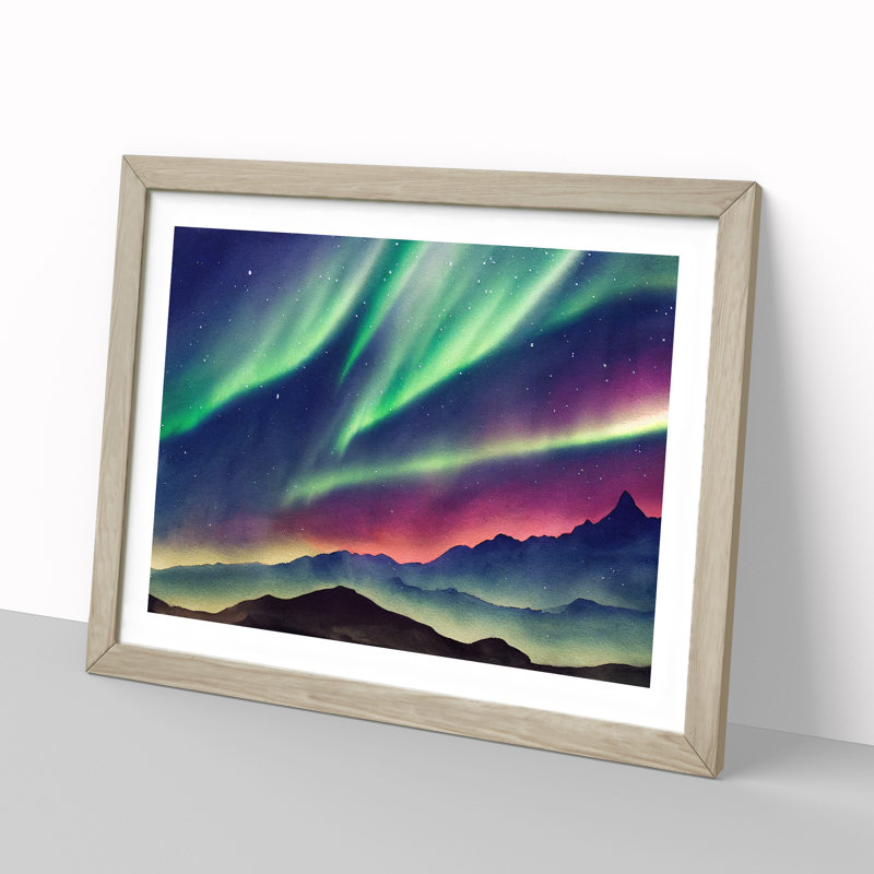 Watercolour Aurora Borealis Vol.6 - Single Picture Frame Painting, Oak Framed, 46cm H x 64cm W x 2cm D