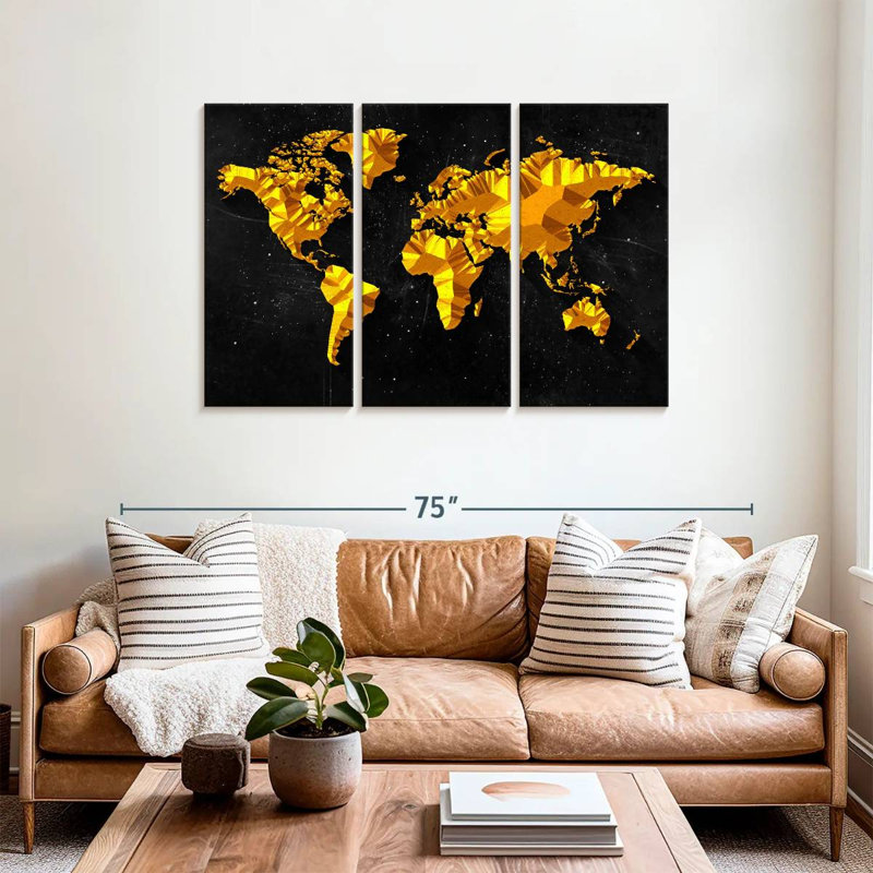 Ensemble de 3 mappemonde dorées sur toile, 36" H x 57" W x 1.25" D