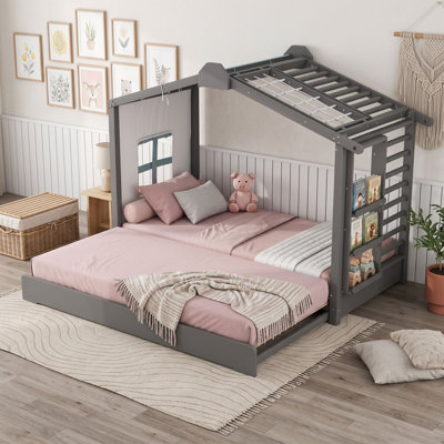 Twin House Bed with Trundle and Side Shelves
