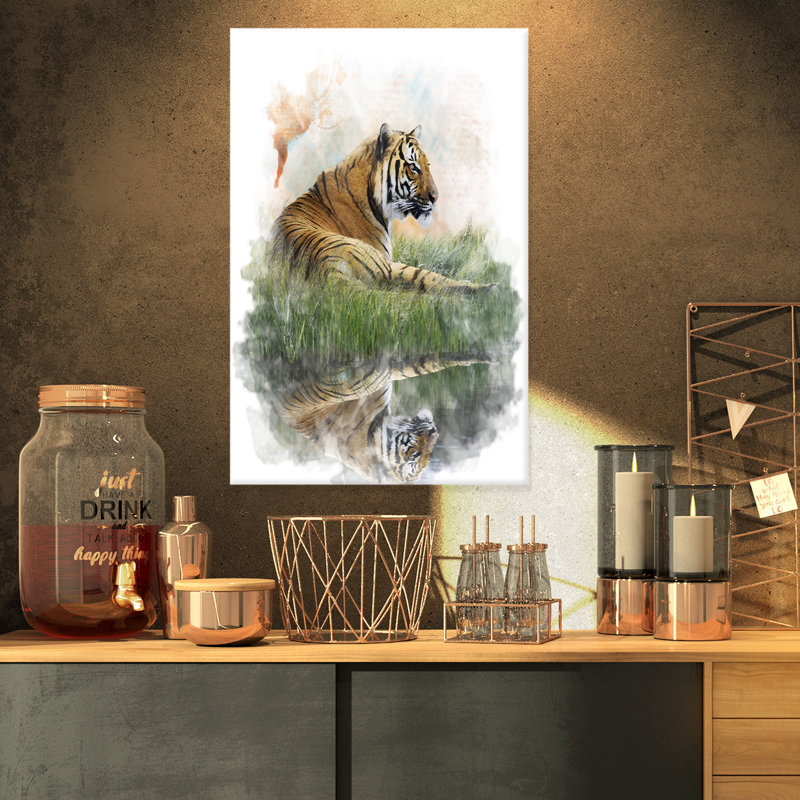 «Relaxing Tiger» - reproduction d'art, Toile tendue, H 32 po x l 16 po x P 1 po