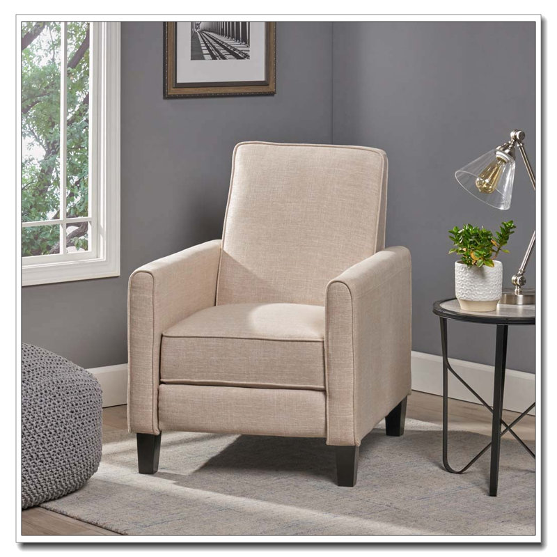 27.5" Push Back Recliner Chair Upholstered Recliner Armchair with Solid Beech Wood Legs, Polyester, Light beige