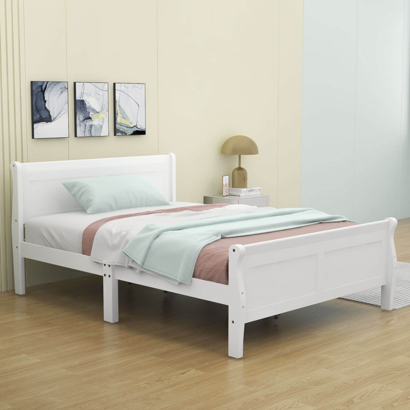 Base de lit plateforme en bois avec tête de lit Dovidio, Double, Blanc