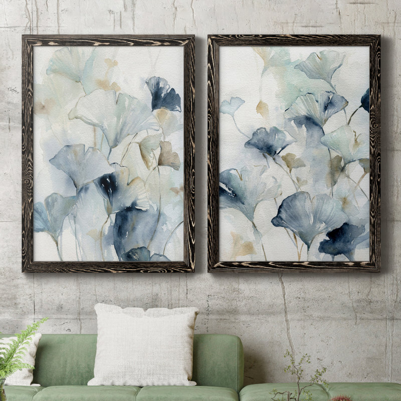 Indigo Ginkgo I - peinture sur toile 2 pièces, H 20 po x l 34 po x P 1,5 po, Cadre noir