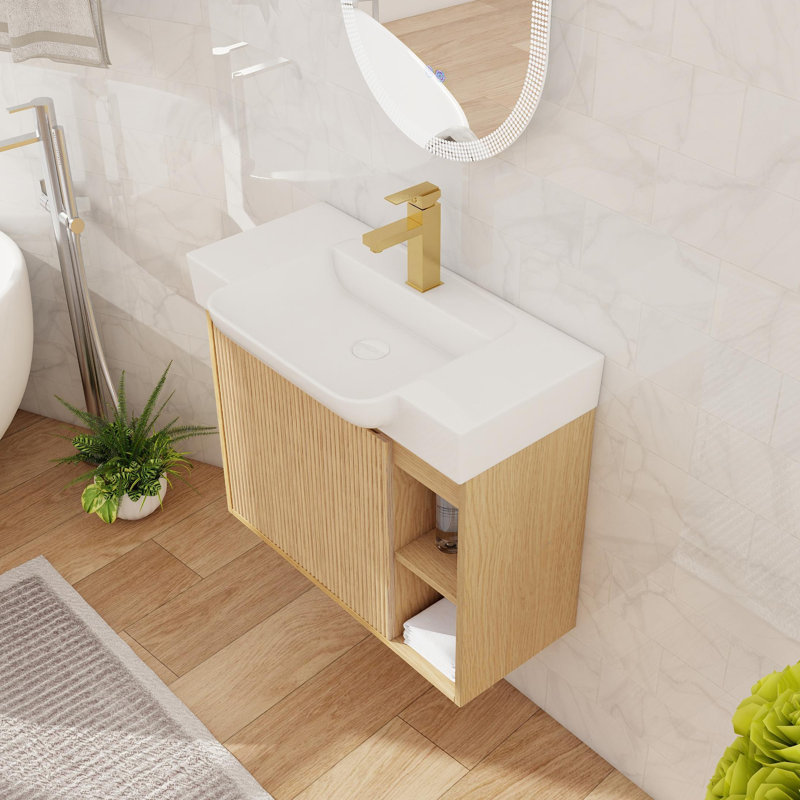 Bathroom Vanity Set, Single Wall Mounted Bathroom Vanity With Ceramic Basin Sink Top, Floating Vanity With 1 Door And Shelf