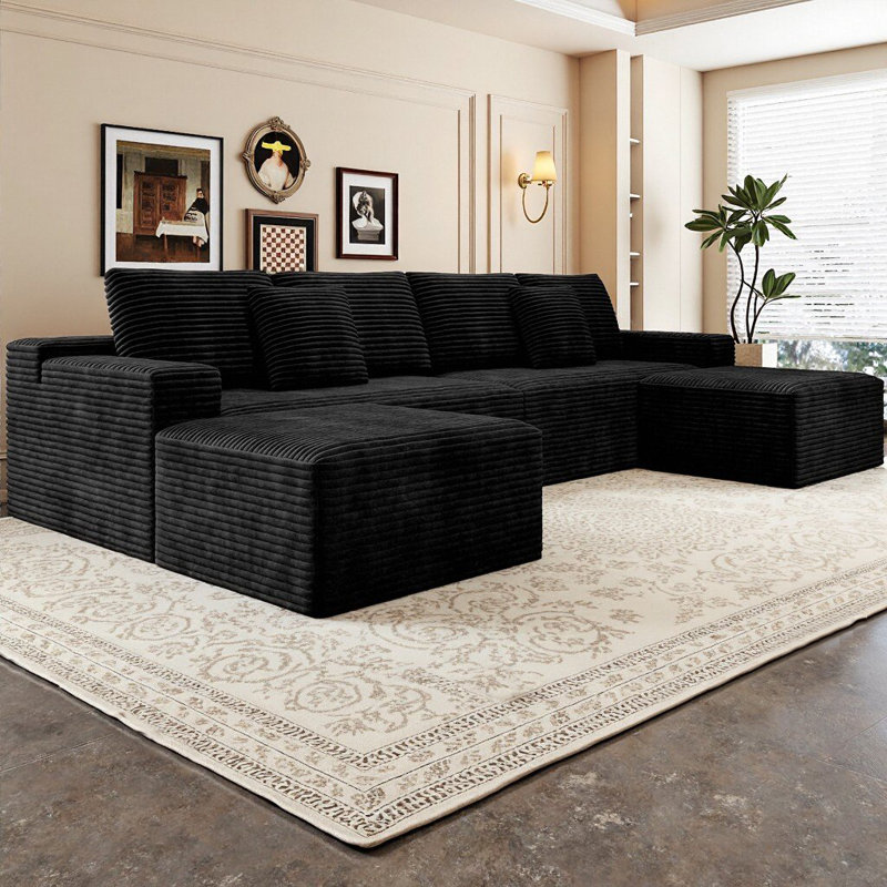 Koli Boneless 138" U-shaped Sectional Couch, Compression Modular Sofa for 6 Person, Black