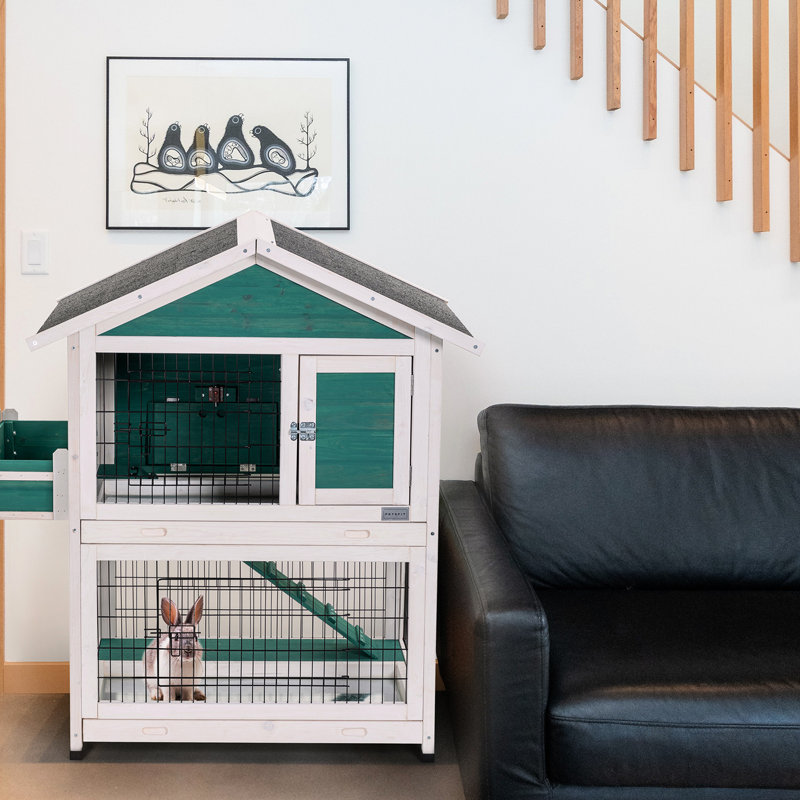 Spacieux lapin de 2 étages avec plateau coulissant et toit imperméable - Bois massif pour 1 à 2 lapins, cage de cochon d'Inde et créatures de taille similaire