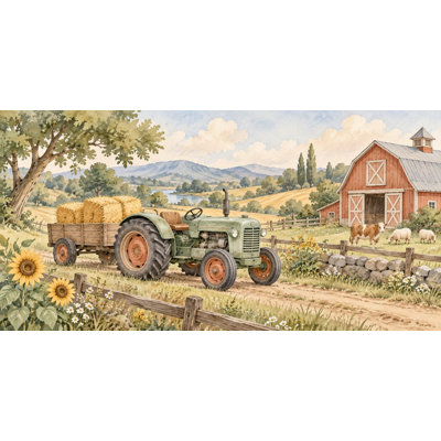 Farm Tractor Wallpaper Mural, Peel and Stick Kids Room Wall Mural, Watercolor Construction Truck Nursery Wallpaper