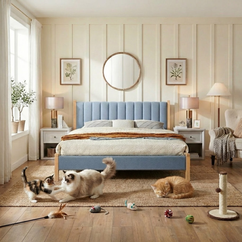 Lit tapissier scandinave avec cadre en bois massif, très grand lit, lin bleu, Bleu clair, Très grand lit